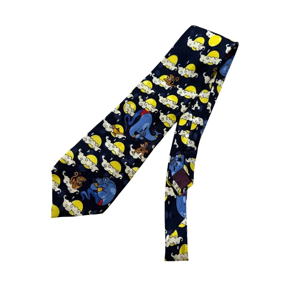 Disney Store Aladdin Genie Abu Tie Mens OS Navy Blue Silk Vintage 90s Character